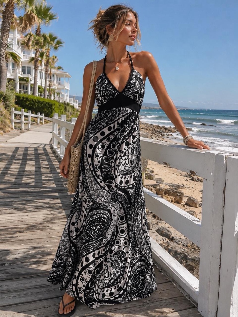 Bisou Bisou Black White Paisley Halter Maxi Dress Small Estimated Size S/M